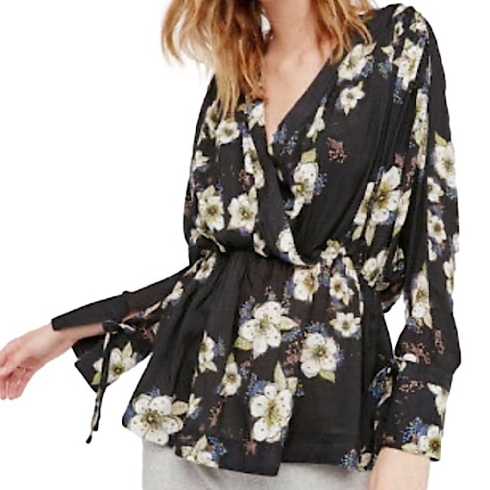 Free People Black Tuscan Dreams Floral Blouse, S